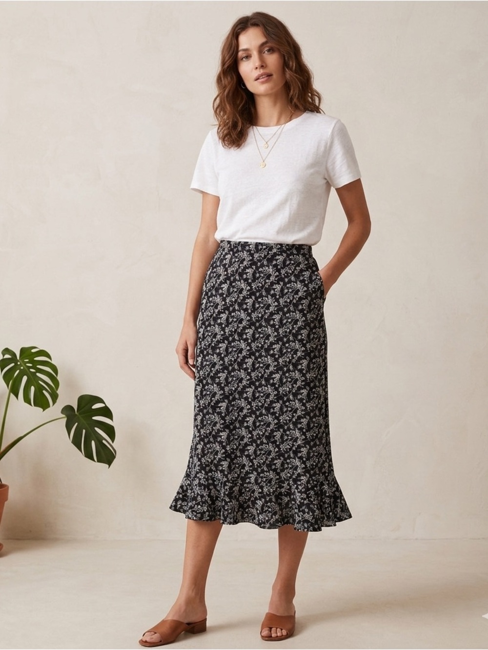 Christopher & Banks Floral Ruffle Hem Midi Skirt in Black White, women’s size 12